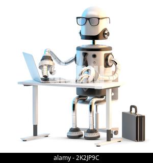 Robot che lavorano in ufficio. Illustrazione 3D. Isolato Foto Stock