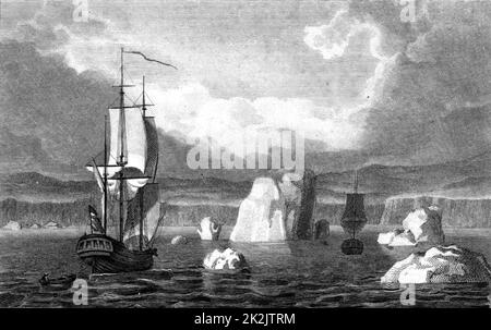 Navi a vela tra iceberg nel Circolo polare Artico. Incisione da "The Gallery of Nature and Art" del Rev. Edward Polehampton (Londra, 1815). Trasporto. Spedizione. Vela. Foto Stock