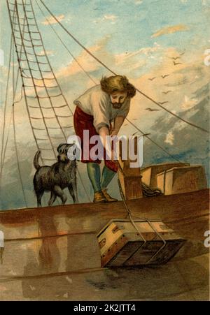 Robinson Crusoe, accompagnato dal suo cane, abbassa sulla zattera oggetti utili recuperati dal naufragio. Chromolithograph da 'The Life and Strange Surprising Adventures of Robinson Crusoe' di Daniel Defoe (Londra, 1891). Il libro è stato pubblicato per la prima volta nel 1719. Illustrazione di John Dawson Watson (1832-1892). Foto Stock