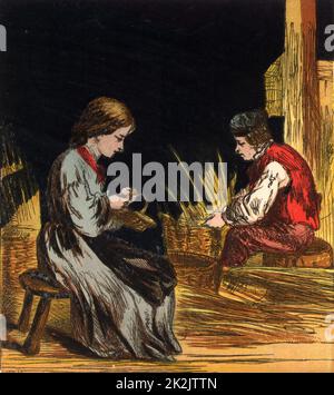 Cestello cieco maker e sua figlia. Cestello facendo era uno dei mestieri tradizionali per le persone senza vista. Chromolithograph da un libro per bambini pubblicato a Londra, 1867. Foto Stock