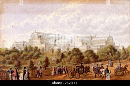 Crystal Palace, Hyde Park, Londra, Inghilterra. Edificio progettato da Joseph Paxton (1801-1865), giardiniere e architetto inglese, per ospitare la Grande Mostra del 1851. Oleograph di George Baxter (1804-1858). Foto Stock