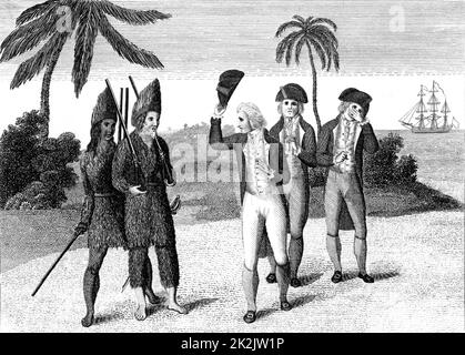 Robinson Crusoe e il suo compagno di venerdì, a sinistra con il capitano inglese che egli ha contribuito a sottomettere il mutiny sulla sua nave. Dopo 28 anni fregata sulla sua isola, Crusoe si unisce la nave e le vele per la casa. "La vita e strano e sorprendente le avventure di Robinson Crusoe' di Daniel Defoe pubblicato per la prima volta 1719, basato in parte su esperienze 1704-1709 di Alexander Selkirk e sostenuto da alcuni di essere il primo romanzo in inglese. Incisione da edizione c1790. Foto Stock