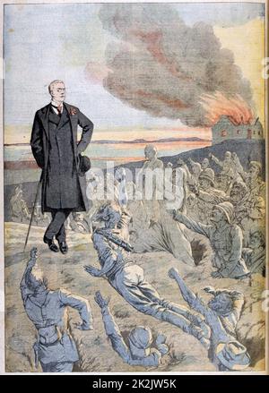 Joseph Chamberlain (1836-1914) liberale britannico più. Chamberlain, come Segretario di Stato per le colonie, in visita in Sud Africa, essendo di fronte ai fantasmi delle truppe britanniche uccisi durante la Seconda guerra boera (1899-1902). Da "Le Petit Journal', Parigi, 25 gennaio 1903. Foto Stock