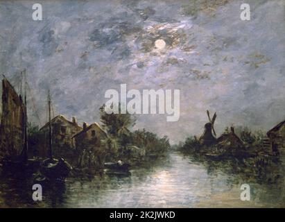 Johan Barthold Jongkind Scuola olandese canale olandese al chiaro di luna 19th ° secolo olio su tela Collezione privata Foto Stock