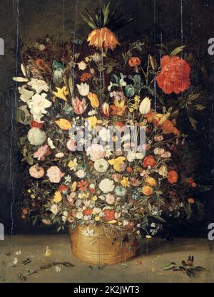 Jan Brueghel la più giovane scuola fiamminga Bouquet di fiori grandi in vaso di legno 1606-1607 olio su legno (98 x 73 cm) Vienna, Museo Kunsthistorisches Foto Stock