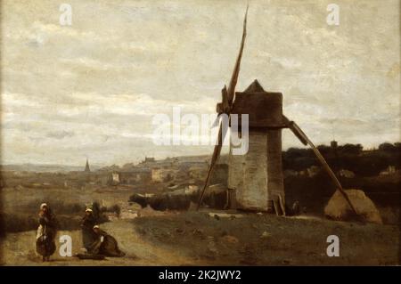 Jean-Baptiste Camille Corot Scuola francese Mulino a vento a Etretat 19th ° secolo olio su legno Collezione privata Foto Stock