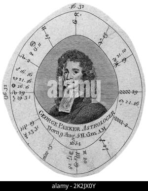 George Parker (1651-1743) inglese almanacco maker, astrologo e quack. Parker's nascita grafico o la natività. Incisione c1800. Foto Stock