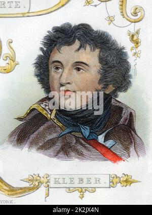 Jean Baptiste Kleber (1753-1800) soldato francese. Comandò le forze francesi in Egitto dopo la partenza di Napoleone. Assassinato al Cairo da fanatico egiziano. Incisione colorata a mano Foto Stock