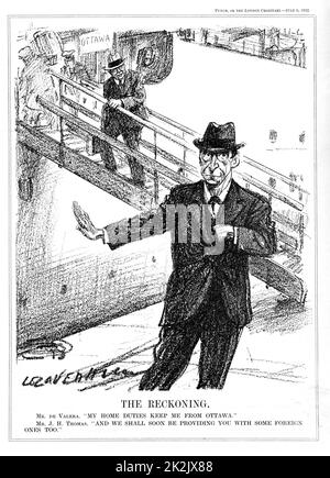 Eamon De Valera (1882-1975) uomo di stato irlandese di origine americana, che rifiuta l'opportunità di partecipare alla Conferenza di Ottawa sui combattenti perché i suoi doveri in patria nello Stato libero irlandese, dove era appena entrato al potere. Cartone animato da 'Punch' (Londra, 6 luglio 1932). Artista Leonard Raven-Hill (1867-1942) britannico Foto Stock