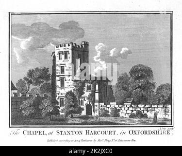 Alexander Pope (1688-1744) poeta inglese. Cappella e la Torre del Papa a Staton Harcurt, Oxfordshire. Incisione su copperplate Foto Stock