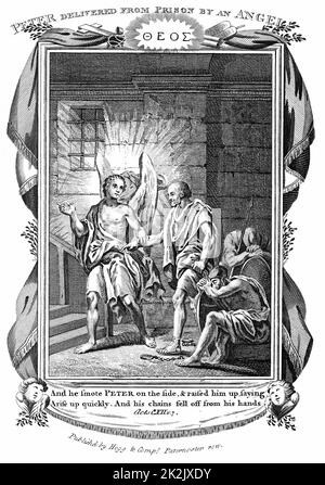 Angelo erogazione di San Pietro dal Carcere mentre i soldati di sonno. "Bibbia" agisce 112:7. Incisione su rame c1808 Foto Stock