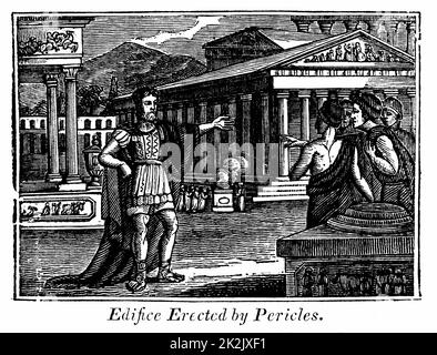 Pericles/Pericles (c490-429 a.C.), statista ateniese, e alcuni degli edifici pubblici eretti ad Atene sotto il suo patrocinio. Legno tagliato dal Rev. Royal Robbins 'The World displayed', New York, 1830 Foto Stock