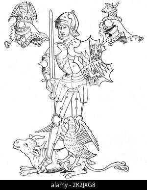 Warwick il Kingmaker: Richard Neville Conte di Warwick (1428-1471). Soldato inglese e più. Ucciso nella battaglia di Barnet durante le guerre del Rose. Warwick in armatura holding di scudo e di spada. Dopo Rous il rotolo di Earls di Warwick. Foto Stock