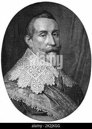 Gustav II Adolf (Gustavo Adolfo 1594-1632) Re di Svezia dal 1611. Leader dei protestanti nella Guerra dei Trent'anni. Incisione dopo ritratto di Miereveldt Foto Stock