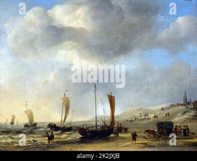 Pittura intitolato " La Riva a Scheveningen' da Willem van de Velde il Giovane (1633-1707) olandese un pittore marino. Risalenti al XVII secolo Foto Stock