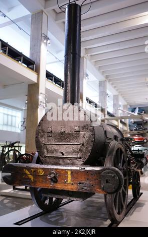 Esempio di Stephenson's Rocket, un inizio di locomotiva a vapore progettato da Robert Stephenson (1803-1859) un inizio di ingegnere ferroviario. Datata del XIX secolo Foto Stock