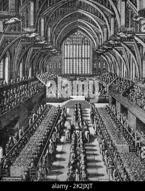 Incisione raffigurante un banchetto presso Westminster Hall dopo l'incoronazione del re Giacomo II (1633-1701), Re di Inghilterra e Irlanda. Risalenti al XVII secolo Foto Stock