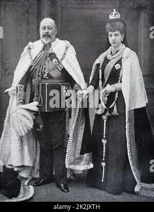 Fotografia del re Edward VII (1841-1910) e la Regina Alexandra della Danimarca (1844-1925) indossa le vesti nel quale essi avrebbero aperto il parlamento. Datata del XIX secolo Foto Stock