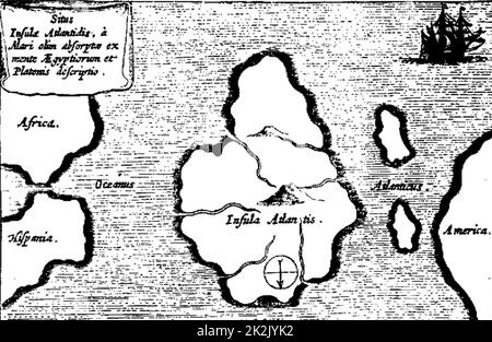 Mappa di Atlantide da Mundus subterraneus da Athanasius Kircher, Amsterdam 1665 Foto Stock