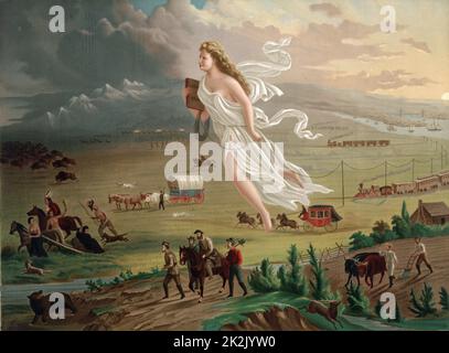 Progresso americano. "Destino manifesto". Figura allegorica femminile dell'America pionieri e ferrovie a ovest. c.1850 Foto Stock