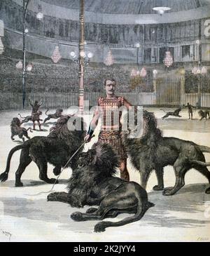 Produzione spettacolare all'Ippodromo di Parigi, che ricorda un circo romano al tempo di Nero. Lion tamero in posa con tre leoni. Dal 'le Petit Journal, Parigi, 23 maggio 1891. Francia, Foto Stock