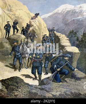 Alpina francese Chasseurs su una pista di montagna con muli come animali da soma. Da "Le Petit Journal'. Parigi, 21 marzo 1891. In Francia, militare, esercito, arma, fucile Foto Stock