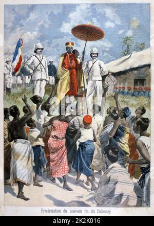 Annuncio del nuovo re del Dahomey, Agloliagbo (ex Gouthili). Dahomey, ora Repubblica del Benin, era un protettorato francese. Da "Le Petit Journal', Parigi, 19 febbraio 1894. In Francia, il colonialismo in Africa Foto Stock