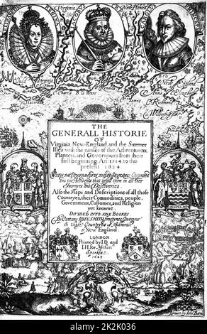 La colonia di Virginia era la colonia inglese in Nord America che esistevano brevemente durante il XVI secolo e poi costantemente dal 1607 fino alla Rivoluzione Americana. La colonia della Virginia è stato chiamato nel XVI secolo per la Regina Elisabetta I, la "Vergine Regina' chi non si è mai sposato. Coperchio del 'L'Historie generale della Virginia, New England, e l'estate Isles'', dal capitano John Smith, 1624. Foto Stock