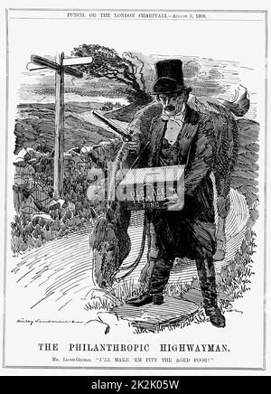 David Lloyd George (1863-1945) Welsh-nato liberale britannico più. Nel 1908 come Cancelliere dello Scacchiere Lloyd George ha introdotto le pensioni di vecchiaia Act. Cartone animato da Edward Linley Sambourne da 'Foratura', Londra, agosto 1908. Foto Stock