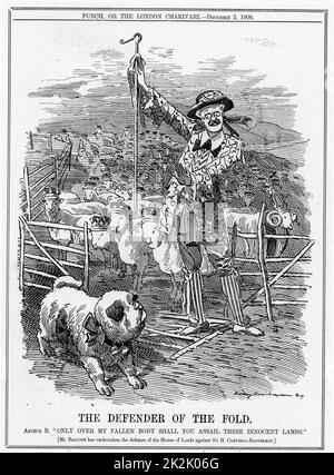 Arthur Balfour (1849-1920) conservatore britannico statista, difendendo la House of Lords contro il Primo ministro liberale, Henry Campbell-Bannerman (1836-1908). Cartoon di Linley Sambourne da 'Foratura', Londra, 5 dicembre 1906. Foto Stock