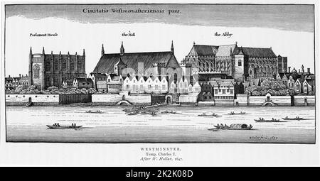 Westminster, Londra ha visto il fiume dalla riva sud del Tamigi, mostrando l'Abbazia di Westminster, il Parlamento e la Westminster Hall. Dopo l'incisione del 1647 di Wenceslaus Hollar. Foto Stock