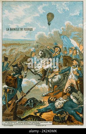 Battaglia di Fleurus, 26 giugno 1794, francese guerre rivoluzionarie. L'uso di 'L'Entreprenant' come ricognizione del pallone il primo utilizzo di un palloncino in guerra, ha contribuito alla vittoria francese. Prunt c1883. Aviazione aeronautica La Mongolfiera Foto Stock