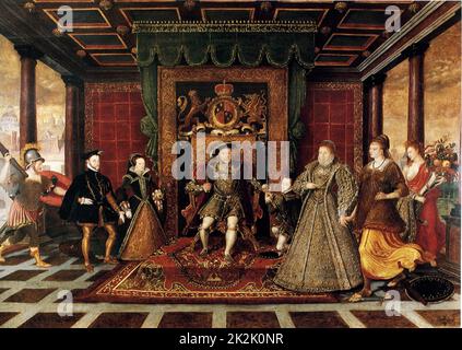 Lucas de Heere Scuola fiamminga la Famiglia di Enrico VIII: Un Allegorio della successione Tudor c.1572 olio su tela (131,2 x 184 cm) Musei nazionali e Gallerie del Galles Foto Stock