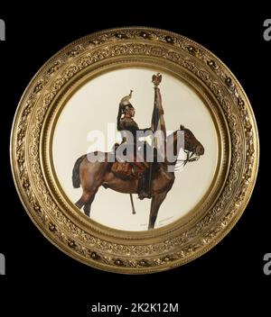 Edouard DETAILLE (1848-1912) Scuola francese Cuirassier porte-étendard, secondo Impero Cuirassier portatore standard 1881 piatto di porcellana 50 cm datato 31 dicembre 1881 ex collezione Christopher Forbes Collezione privata Foto Stock