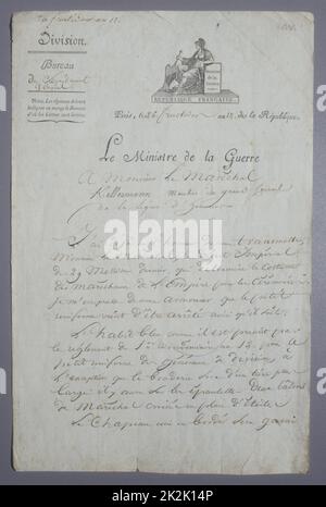 Lettera di Alexandre Berthier al maresciallo Kellermann: Descrizione dell'abito del maresciallo dell'Impero (Fructidor 26, anno XII) 2 pagine in foglio: Fronte Foto Stock