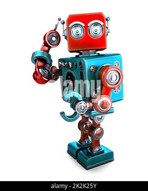 Cute 3D retro Robot con tubo telefonico. Illustrazione 3D. Isolato. Contiene il tracciato di ritaglio Foto Stock
