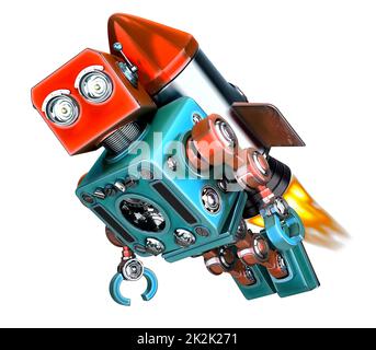 Robot volare su razzo. Concetto di avvio. illustrazione 3d. Isolato. Contiene il tracciato di ritaglio Foto Stock