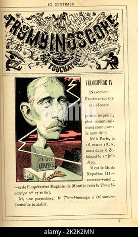 Caricatura di Eugène-Louis Napoléon (1856-1879), figlio di Napoleone III, in : 'le Trombinoscope' di Touchatout, disegno di Moloch. 19th ° secolo. Francia. Collezione privata. Foto Stock