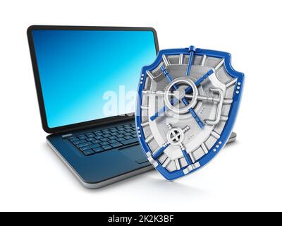 Schermo in ferro per proteggere il computer portatile. Illustrazione 3D Foto Stock