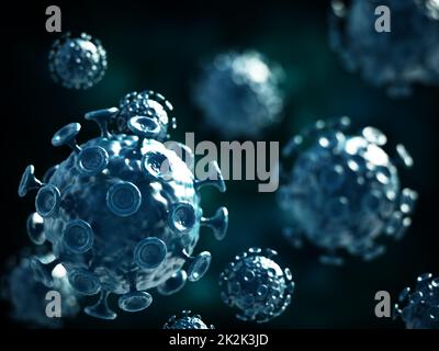 Virus verdi su sfondo scuro. Illustrazione 3D Foto Stock