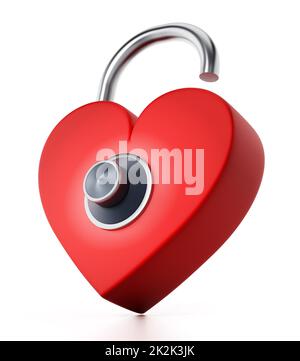 Cuore rosso sbloccato con quadrante. Illustrazione 3D Foto Stock