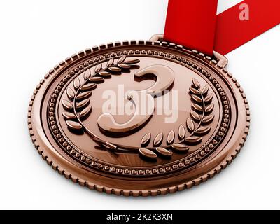 Medaglia di bronzo con numero tre e allori. Illustrazione 3D Foto Stock