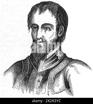 Fernando de Soto (c1496-1542) esploratore e conquistador spagnolo nato a Xeres (Jerez) de los Caballeros, Estramadura, Spagna. Un membro della spedizione spagnola a Darien (1518-1520), servì in Nicaragua (1527) e assistette Pizzaro nella conquista del Perù. Nominato governatore di Cuba dall'imperatore Carlo V e dato il permesso di conquistare la Florida, dove sbarcò nel maggio 1539. Morì di febbre e fu sepolto nel fiume Mississippi. Incisione. Foto Stock