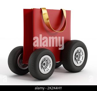 Shopping bag con ruote. Concetto di consegna rapida. Illustrazione 3D Foto Stock