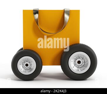 Shopping bag con ruote. Concetto di consegna rapida. Illustrazione 3D Foto Stock