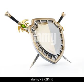 Scudo e spade incrociate. Illustrazione 3D Foto Stock