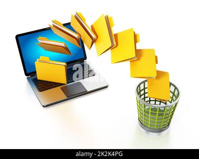 Spostamento delle cartelle dal notebook al cestino. Illustrazione 3D Foto Stock