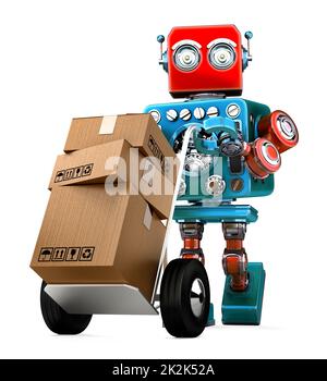 Robot retrò che spinge un camion a mano con le scatole. Isolato. Contiene il tracciato di ritaglio Foto Stock