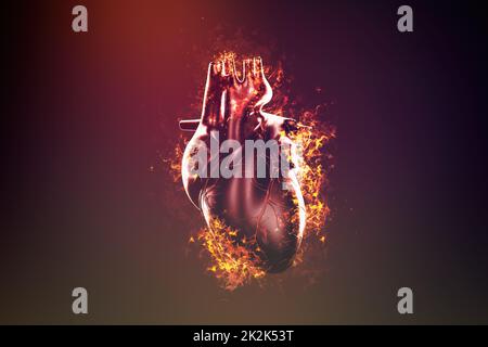 Abstract il cuore umano in fiamme e fumo Foto Stock