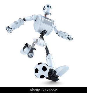 3D Robot che gioca a calcio. Isolato. Contiene il tracciato di ritaglio Foto Stock